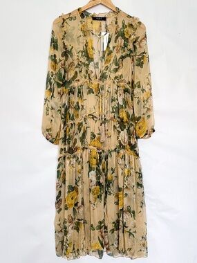 O.P.T Long Sleeve Floral Midi Dress Tiered Garden Size Medium Yellow Green